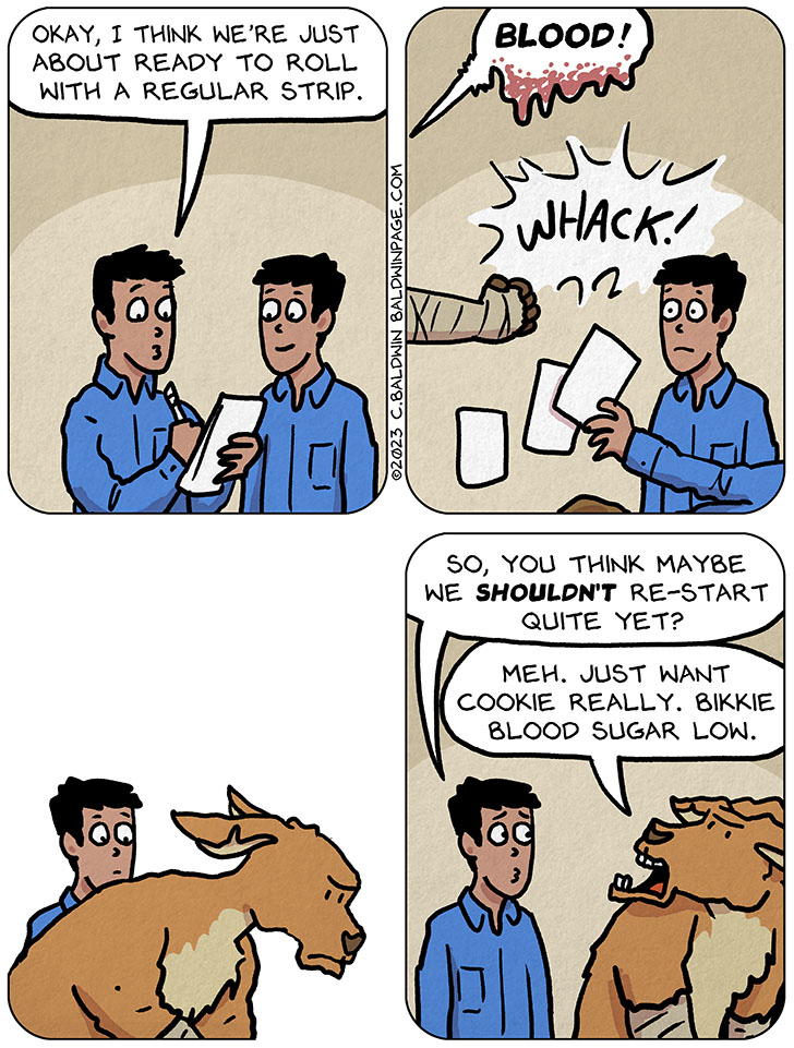 As I wrote a script with a pencil, I said to another version of me, "okay, I think we’re just about ready to roll with a regular strip." Then out of nowhere is Billie the kangaroo's fist, whack, as he yelled, "BLOOD!" Bikkie looked down at my body on the ground as the other version of me watched. The other version of me finally asked, "so, you think maybe we shouldn't re-start quite yet?" Bikkie said, "meh. Just want cookie really. Bikkie blood sugar low."